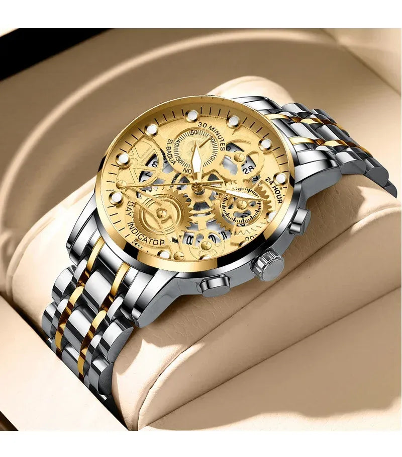 Montre Homme Quartz Automatique Chronographe - Bracelet Acier Inoxydable
