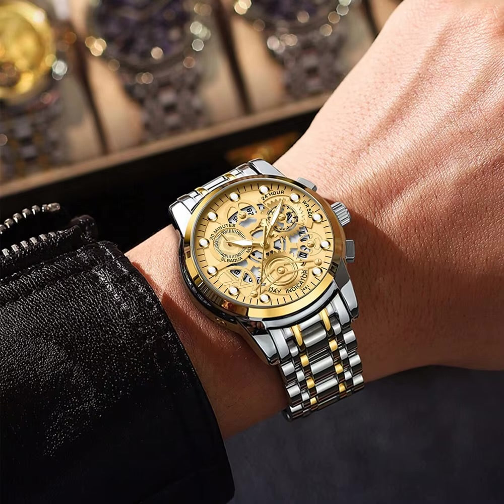 Montre Homme Quartz Automatique Chronographe - Bracelet Acier Inoxydable