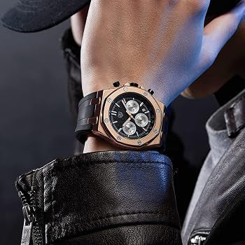 Montre homme à bracelet en silicone, chronographe multifonction analogique à quartz étanche avec calendrier et bracelet en caoutchouc noir.