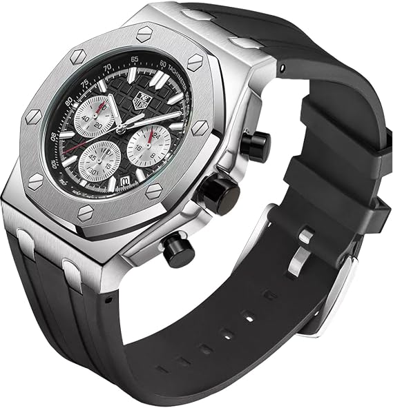 Montre homme à bracelet en silicone, chronographe multifonction analogique à quartz étanche avec calendrier et bracelet en caoutchouc noir.