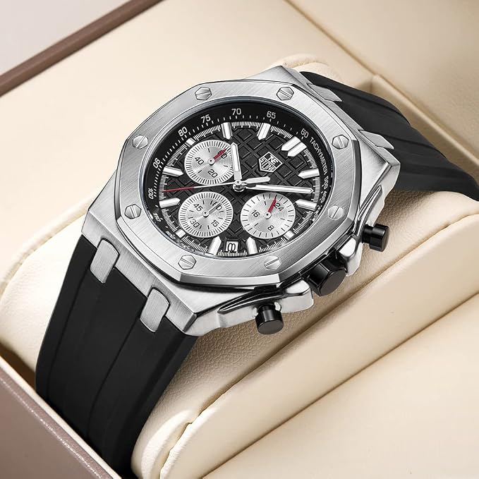 Montre homme à bracelet en silicone, chronographe multifonction analogique à quartz étanche avec calendrier et bracelet en caoutchouc noir.