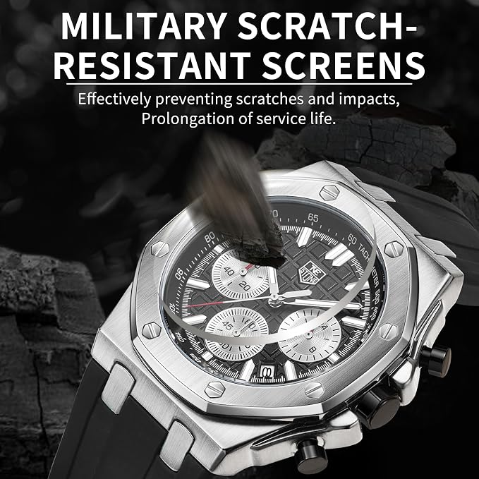 Montre homme à bracelet en silicone, chronographe multifonction analogique à quartz étanche avec calendrier et bracelet en caoutchouc noir.