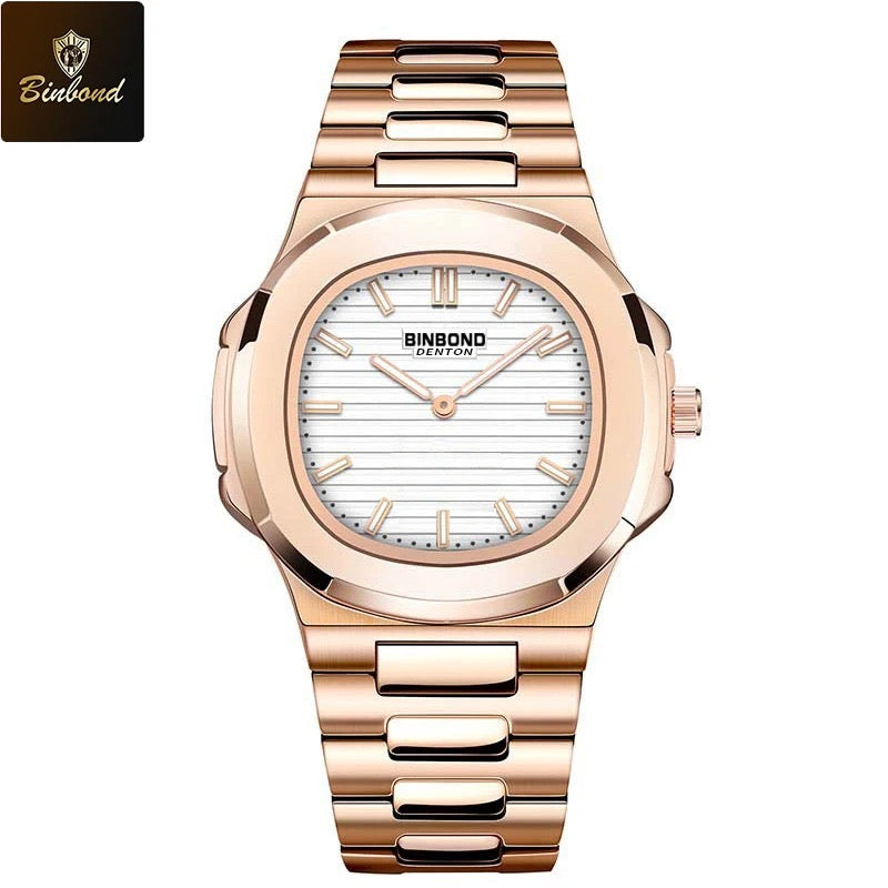 Montre-bracelet de luxe BINBOND B1885 pour homme d'affaires, à quartz, étanche à 30 m, avec bracelet lumineux en acier inoxydable.
