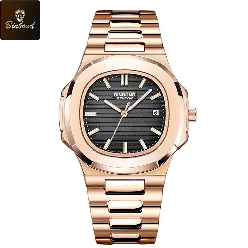 Montre-bracelet de luxe BINBOND B1885 pour homme d'affaires, à quartz, étanche à 30 m, avec bracelet lumineux en acier inoxydable.
