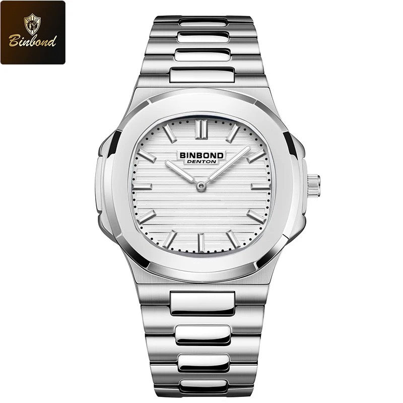 Montre-bracelet de luxe BINBOND B1885 pour homme d'affaires, à quartz, étanche à 30 m, avec bracelet lumineux en acier inoxydable.