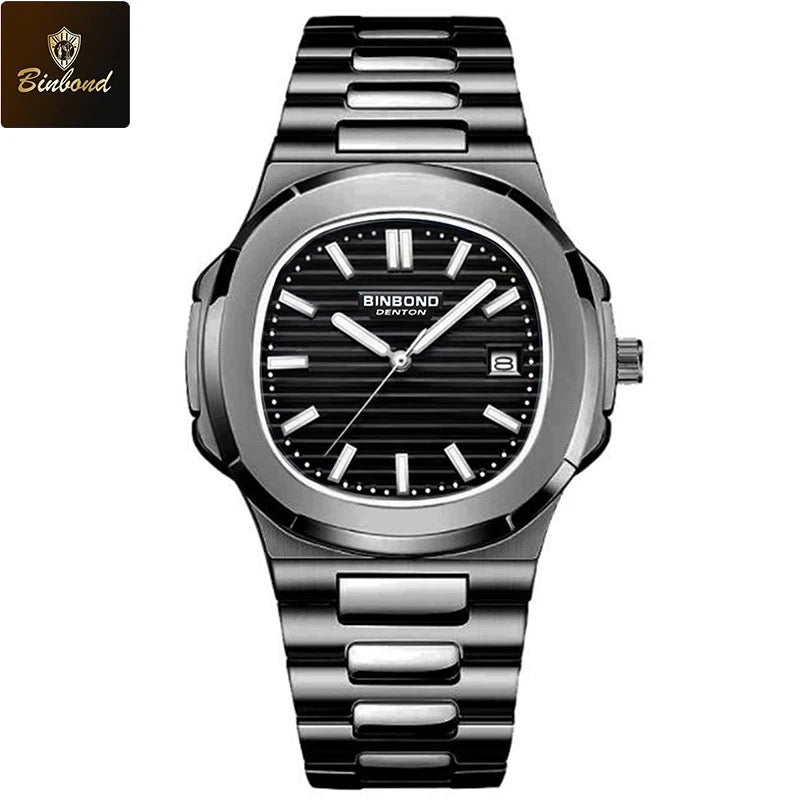 Montre-bracelet de luxe BINBOND B1885 pour homme d'affaires, à quartz, étanche à 30 m, avec bracelet lumineux en acier inoxydable.