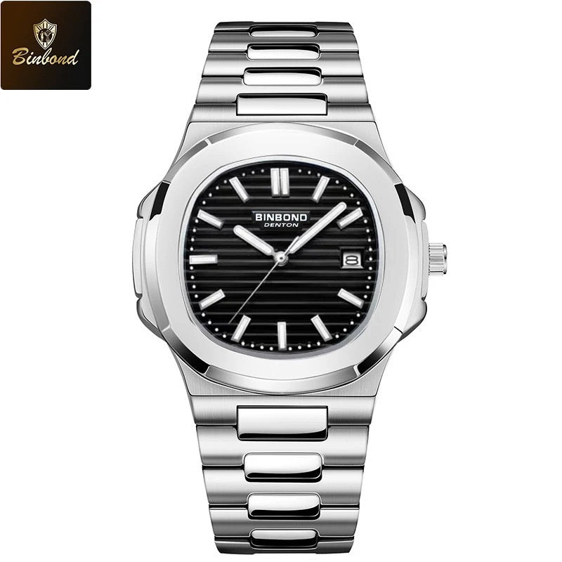 Montre-bracelet de luxe BINBOND B1885 pour homme d'affaires, à quartz, étanche à 30 m, avec bracelet lumineux en acier inoxydable.