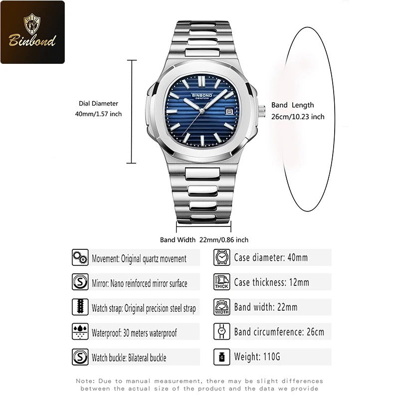 Montre-bracelet de luxe BINBOND B1885 pour homme d'affaires, à quartz, étanche à 30 m, avec bracelet lumineux en acier inoxydable.