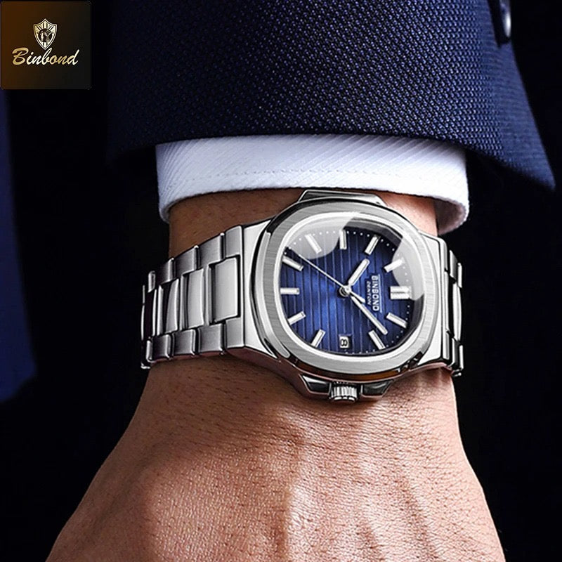 Montre-bracelet de luxe BINBOND B1885 pour homme d'affaires, à quartz, étanche à 30 m, avec bracelet lumineux en acier inoxydable.