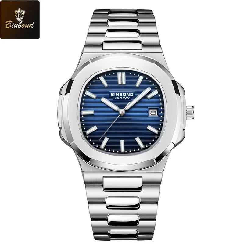 Montre-bracelet de luxe BINBOND B1885 pour homme d'affaires, à quartz, étanche à 30 m, avec bracelet lumineux en acier inoxydable.