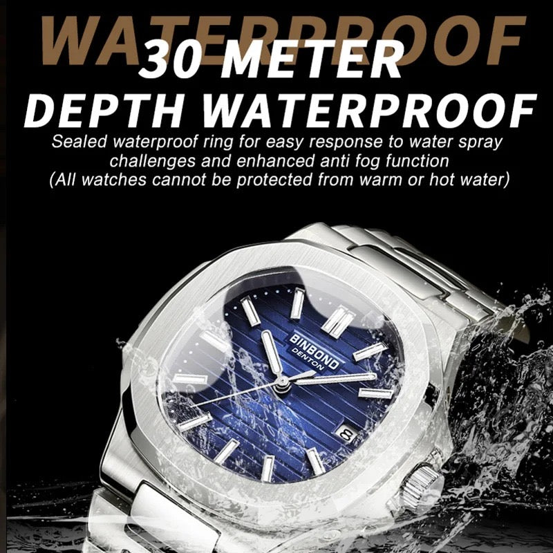 Montre-bracelet de luxe BINBOND B1885 pour homme d'affaires, à quartz, étanche à 30 m, avec bracelet lumineux en acier inoxydable.