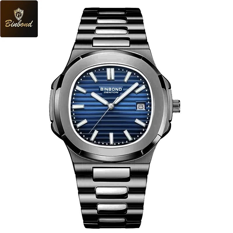 Montre-bracelet de luxe BINBOND B1885 pour homme d'affaires, à quartz, étanche à 30 m, avec bracelet lumineux en acier inoxydable.