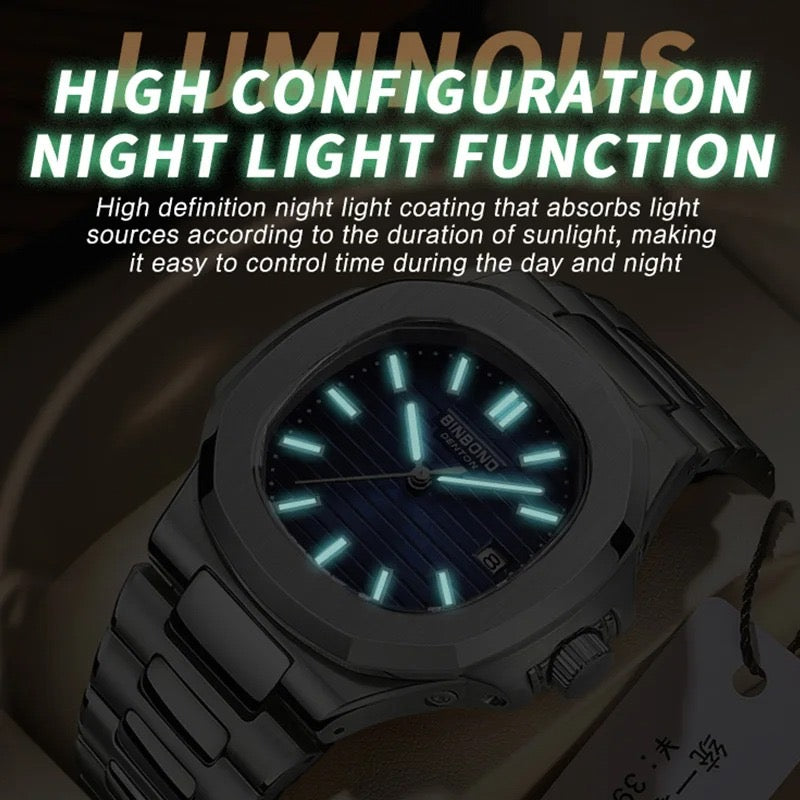 Montre-bracelet de luxe BINBOND B1885 pour homme d'affaires, à quartz, étanche à 30 m, avec bracelet lumineux en acier inoxydable.