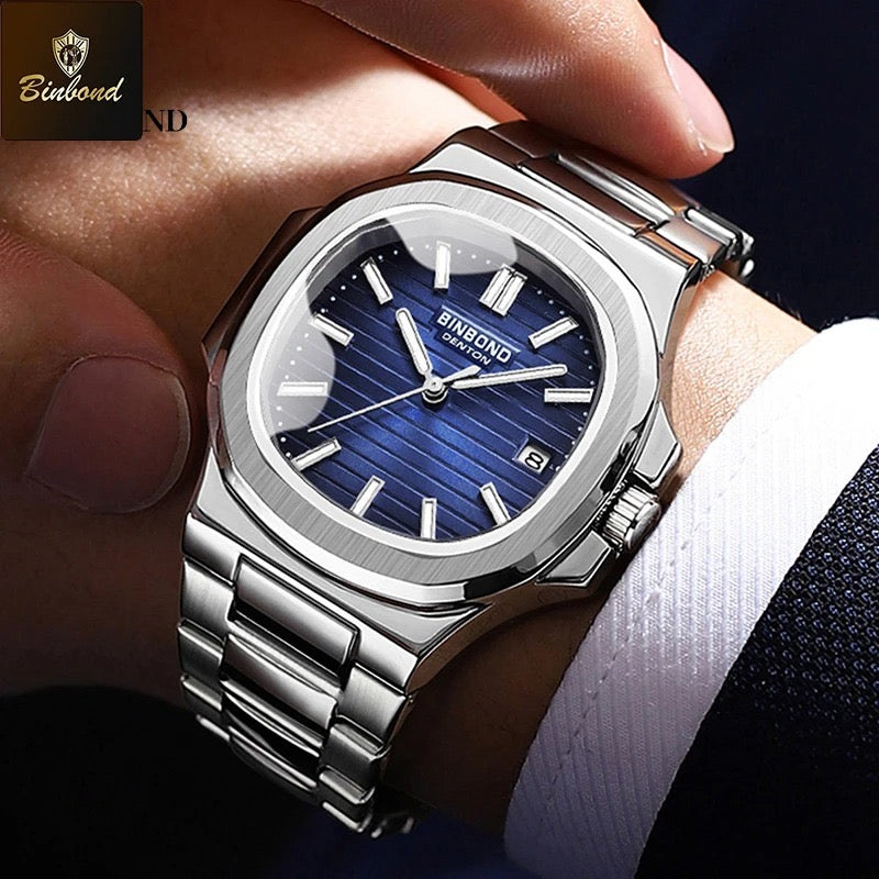 Montre-bracelet de luxe BINBOND B1885 pour homme d'affaires, à quartz, étanche à 30 m, avec bracelet lumineux en acier inoxydable.