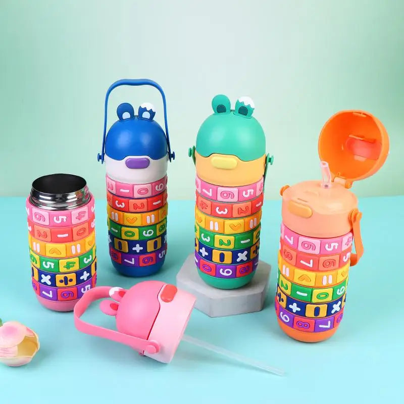 Bouteille d'eau isotherme en acier inoxydable pour enfants, jouet éducatif avec sangle et paille
