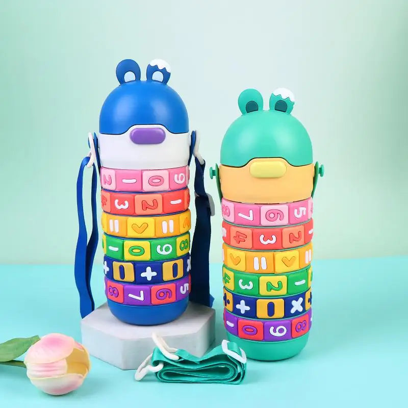 Bouteille d'eau isotherme en acier inoxydable pour enfants, jouet éducatif avec sangle et paille