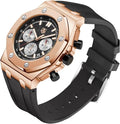 Montre homme à bracelet en silicone, chronographe multifonction analogique à quartz étanche avec calendrier et bracelet en caoutchouc noir.
