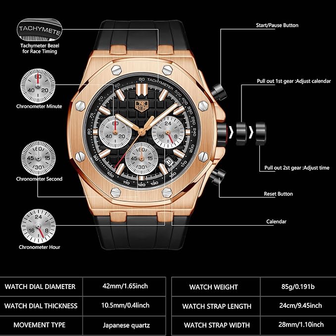 Montre homme à bracelet en silicone, chronographe multifonction analogique à quartz étanche avec calendrier et bracelet en caoutchouc noir.