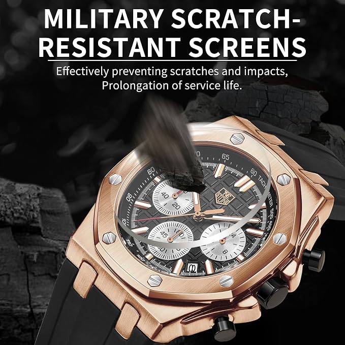 Montre homme à bracelet en silicone, chronographe multifonction analogique à quartz étanche avec calendrier et bracelet en caoutchouc noir.