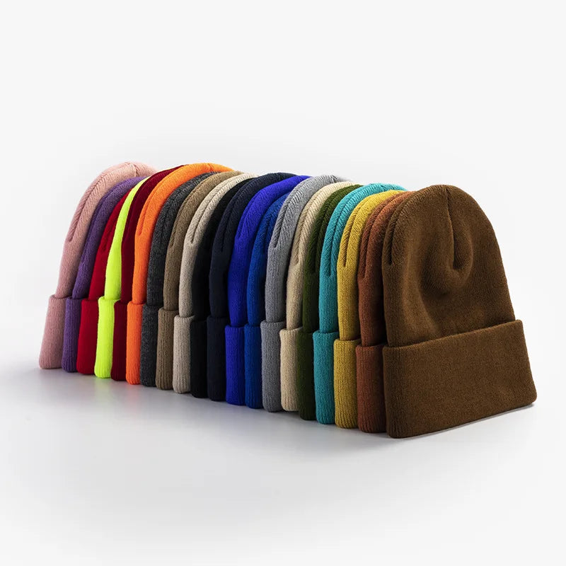 Chapeau froid uni tricoté de couleur unie, bord roulé, personnalisable, polyvalent, décontracté, polyvalent, chaud, pour hommes et femmes