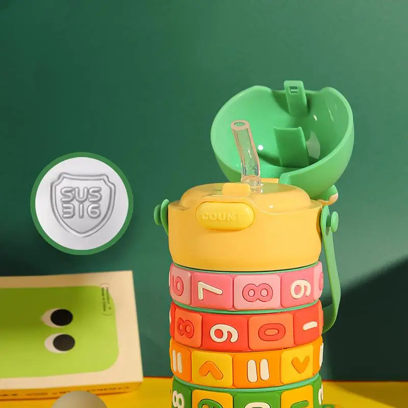 Bouteille d'eau isotherme en acier inoxydable pour enfants, jouet éducatif avec sangle et paille