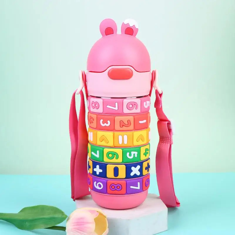 Bouteille d'eau isotherme en acier inoxydable pour enfants, jouet éducatif avec sangle et paille