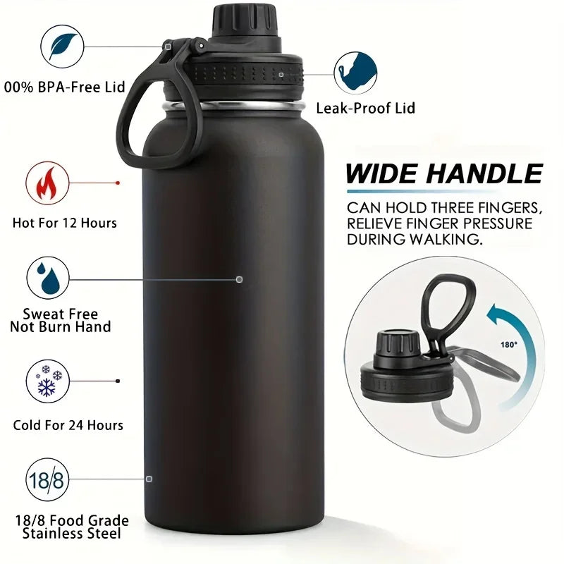 Bouteille d'eau en acier inoxydable, 1000ml/32oz, étanche, Double paroi, tasse thermique sous vide, parfaite pour l'extérieur