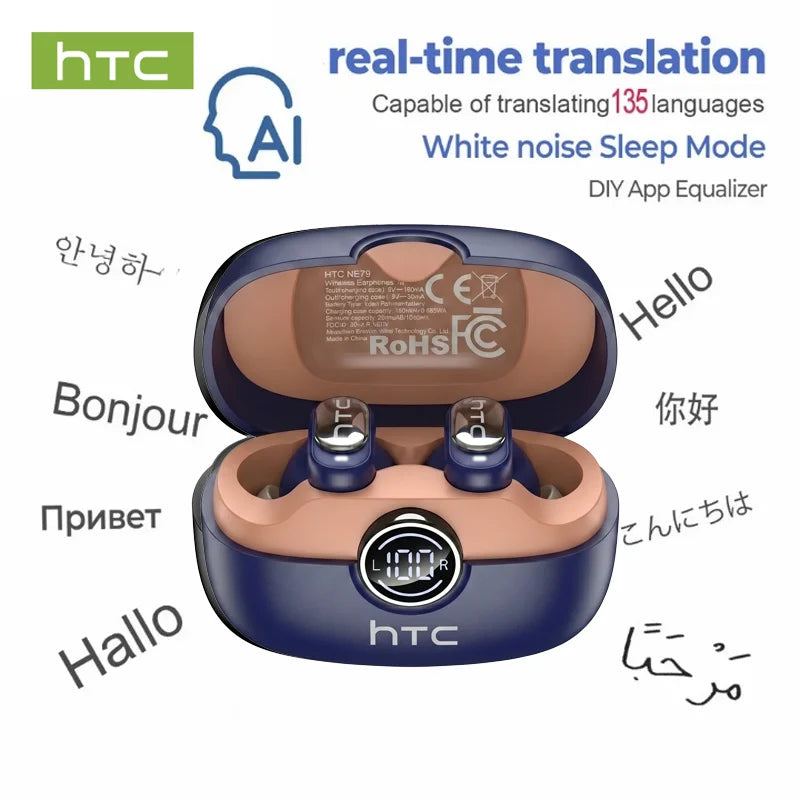 Écouteurs Bluetooth 6.0 TWS HTC NE79 avec traduction IA 135 langues, suppression du bruit ENC, son stéréo HiFi et écran LED