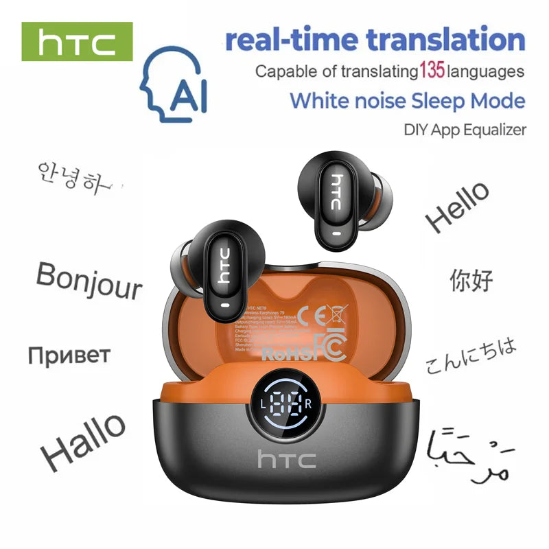 Écouteurs Bluetooth 6.0 TWS HTC NE79 avec traduction IA 135 langues, suppression du bruit ENC, son stéréo HiFi et écran LED