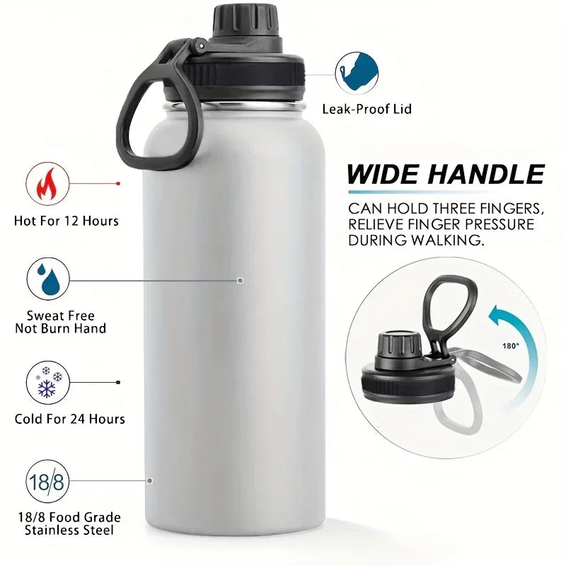 Bouteille d'eau en acier inoxydable, 1000ml/32oz, étanche, Double paroi, tasse thermique sous vide, parfaite pour l'extérieur