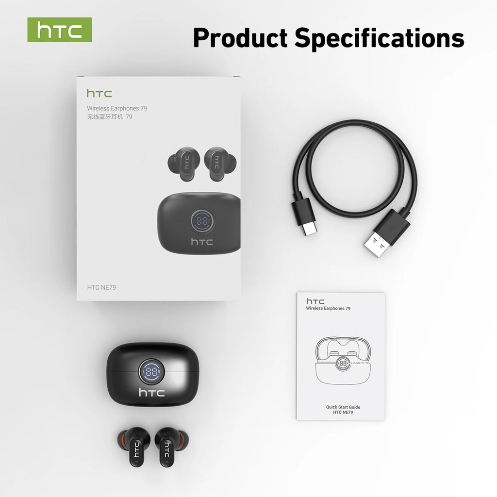 Écouteurs Bluetooth 6.0 TWS HTC NE79 avec traduction IA 135 langues, suppression du bruit ENC, son stéréo HiFi et écran LED