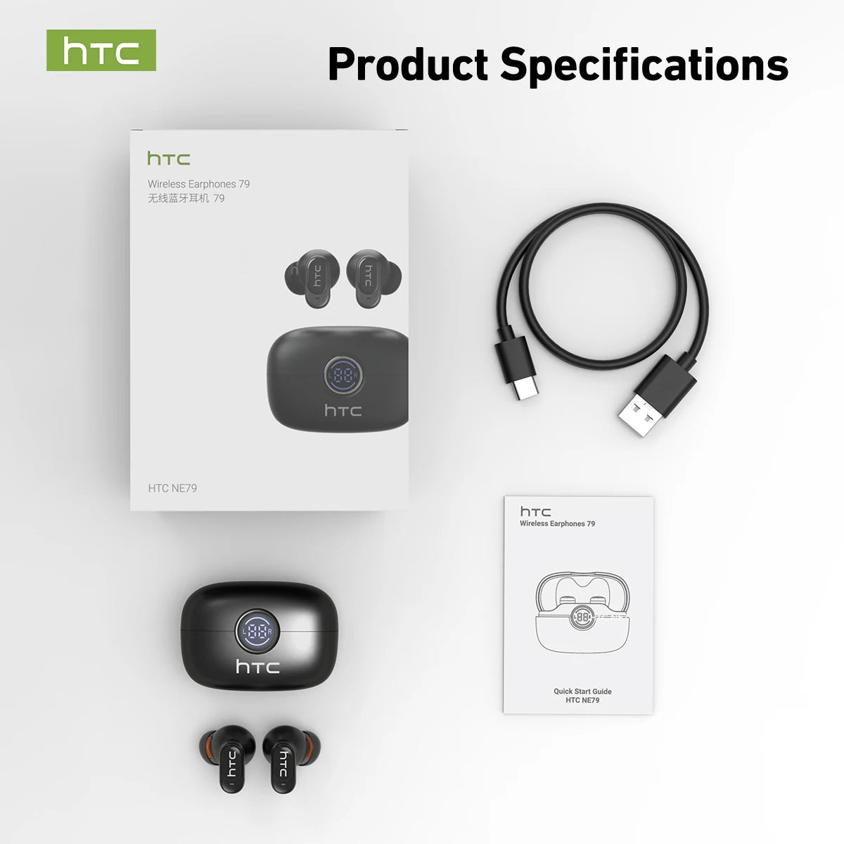 Écouteurs Bluetooth 6.0 TWS HTC NE79 avec traduction IA 135 langues, suppression du bruit ENC, son stéréo HiFi et écran LED