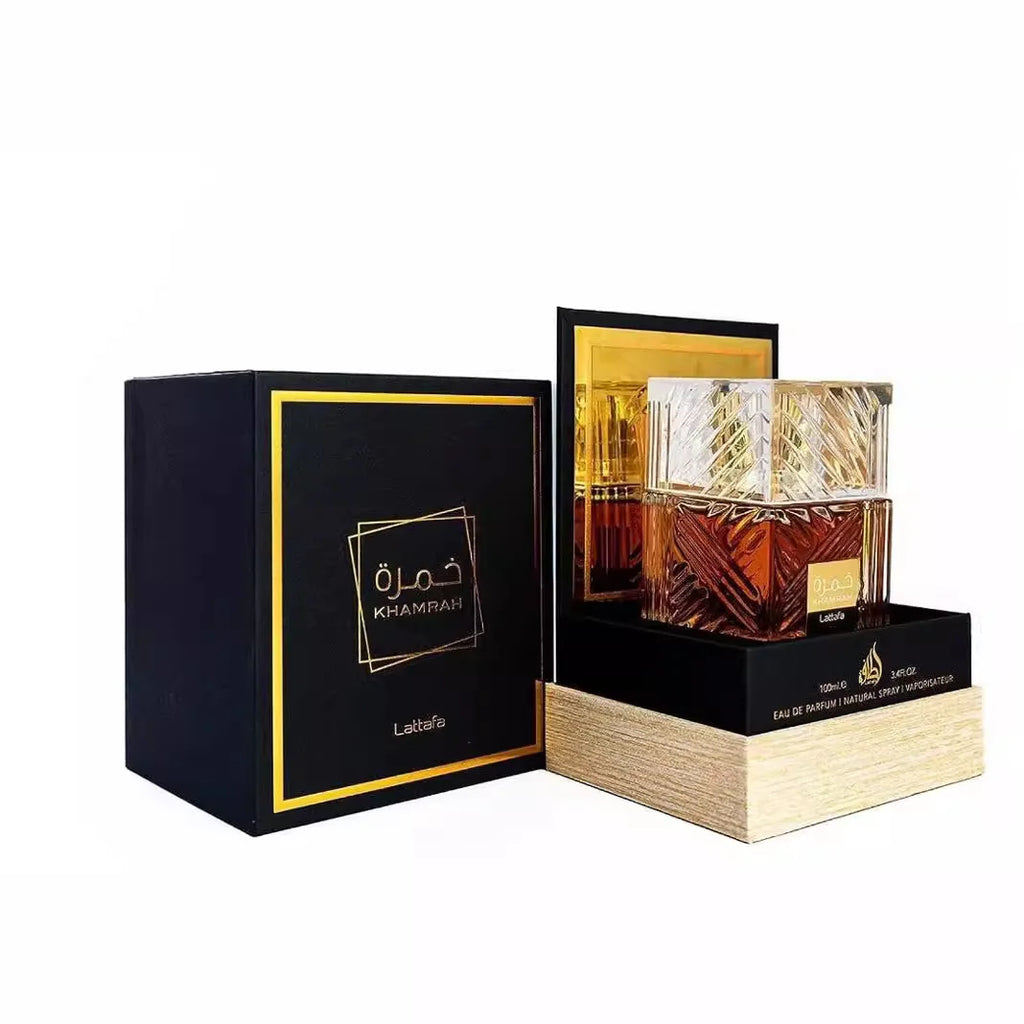 Parfum Khamrah unisexe de Dubaï, fragrance neutre, bois frais, parfum léger, parfum cuir, nouvelle fragrance tentation durable.
