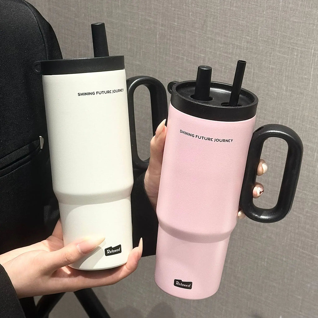 Tasse Thermos en acier inoxydable de 720ML, avec paille et poignée, boisson au café glacé, tasse isolée sous vide, bouteille d'eau extérieure pour voyage en voiture