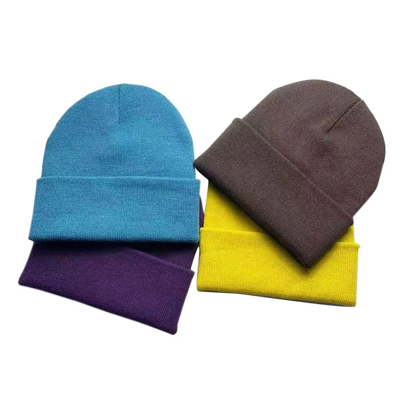 Chapeau froid uni tricoté de couleur unie, bord roulé, personnalisable, polyvalent, décontracté, polyvalent, chaud, pour hommes et femmes