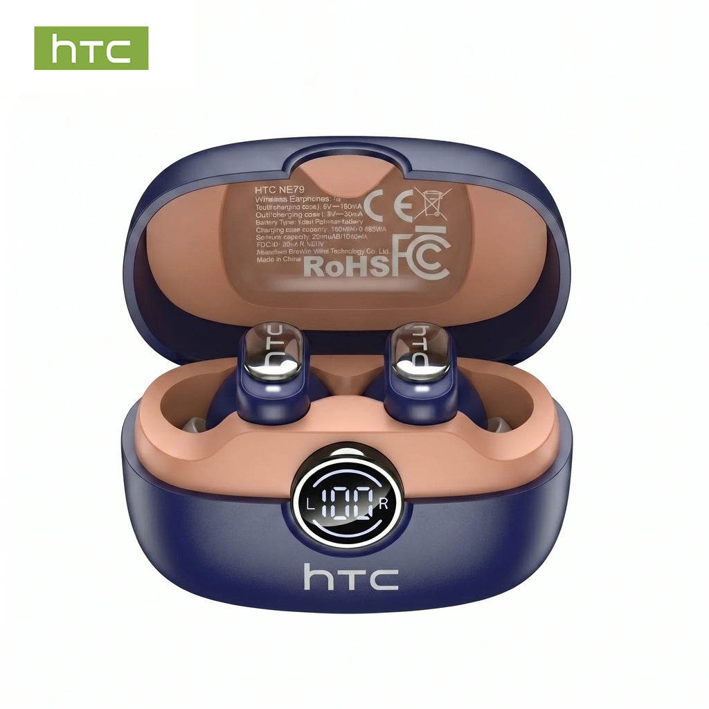 Écouteurs Bluetooth 6.0 TWS HTC NE79 avec traduction IA 135 langues, suppression du bruit ENC, son stéréo HiFi et écran LED