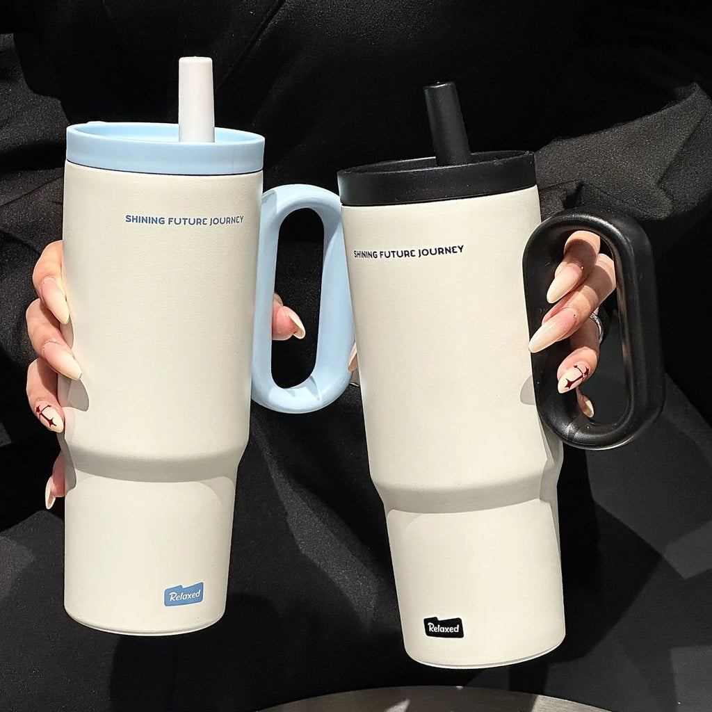 Tasse Thermos en acier inoxydable de 720ML, avec paille et poignée, boisson au café glacé, tasse isolée sous vide, bouteille d'eau extérieure pour voyage en voiture