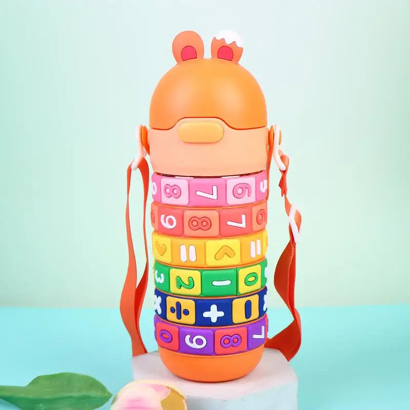 Bouteille d'eau isotherme en acier inoxydable pour enfants, jouet éducatif avec sangle et paille