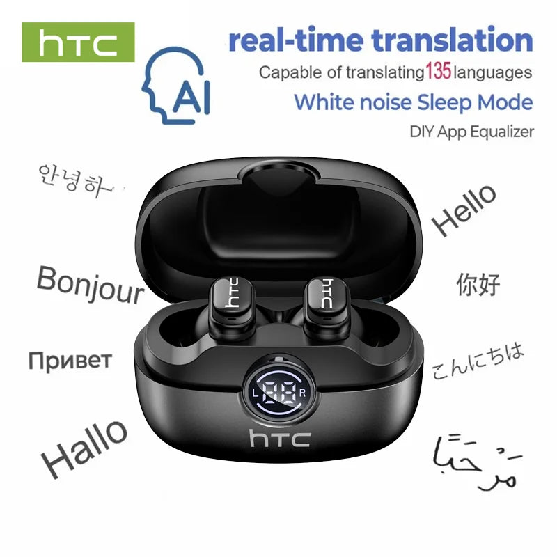 Écouteurs Bluetooth 6.0 TWS HTC NE79 avec traduction IA 135 langues, suppression du bruit ENC, son stéréo HiFi et écran LED