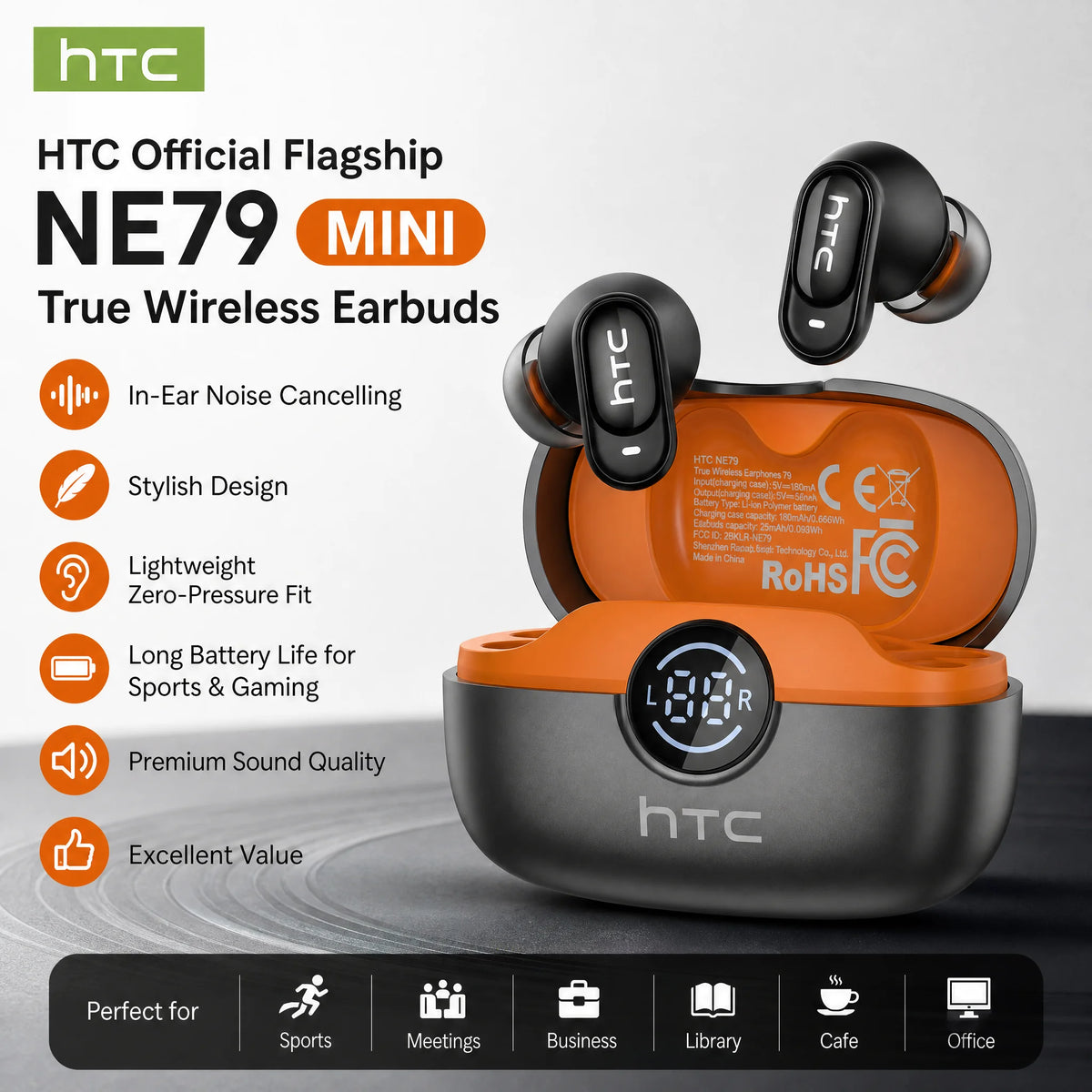 Écouteurs Bluetooth 6.0 TWS HTC NE79 avec traduction IA 135 langues, suppression du bruit ENC, son stéréo HiFi et écran LED