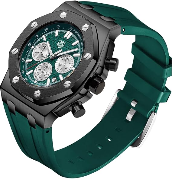 Montre homme à bracelet en silicone, chronographe multifonction analogique à quartz étanche avec calendrier et bracelet en caoutchouc noir.