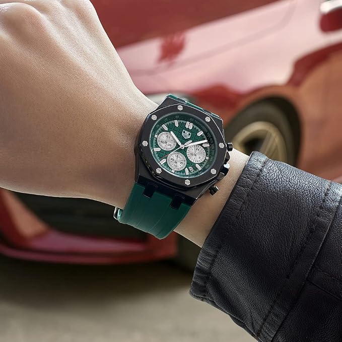 Montre homme à bracelet en silicone, chronographe multifonction analogique à quartz étanche avec calendrier et bracelet en caoutchouc noir.
