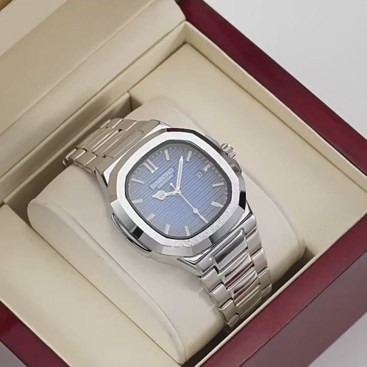 Montre-bracelet de luxe BINBOND B1885 pour homme d'affaires, à quartz, étanche à 30 m, avec bracelet lumineux en acier inoxydable.