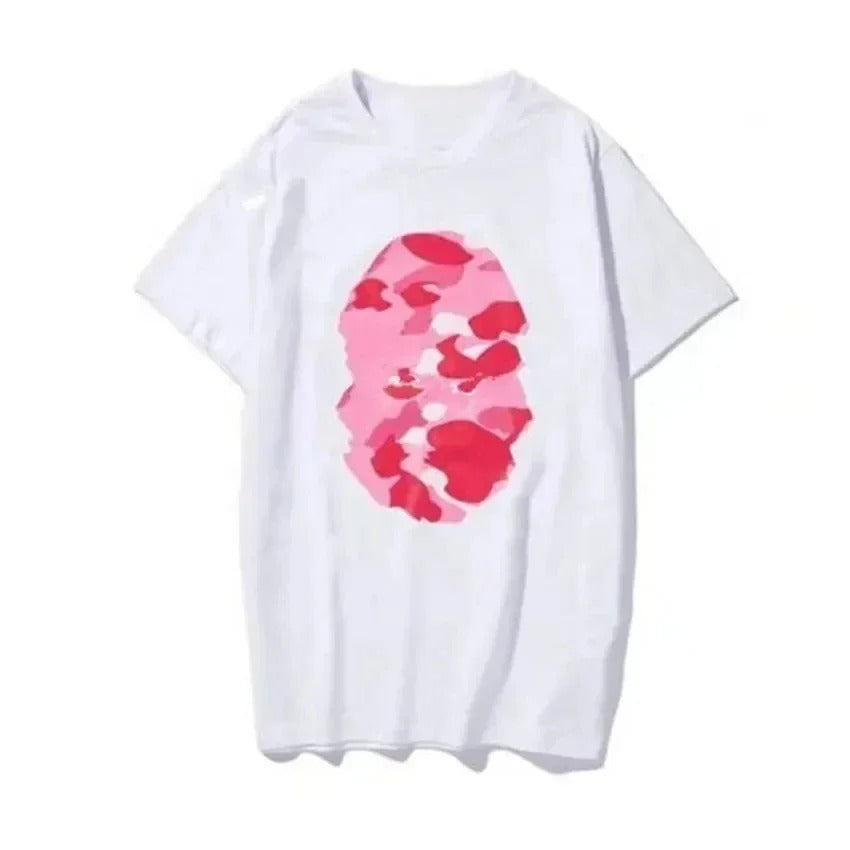 T-shirt A Bathing unisexe en coton, imprimé animal camouflage rose au dos, manches courtes, style streetwear hip-hop décontracté, coupe oversize, idéal au quotidien.