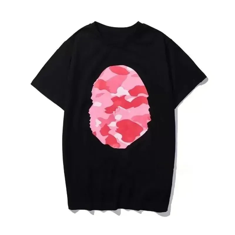 T-shirt A Bathing unisexe en coton, imprimé animal camouflage rose au dos, manches courtes, style streetwear hip-hop décontracté, coupe oversize, idéal au quotidien.
