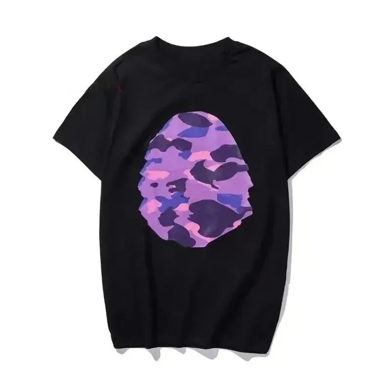T-shirt A Bathing unisexe en coton, imprimé animal camouflage rose au dos, manches courtes, style streetwear hip-hop décontracté, coupe oversize, idéal au quotidien.